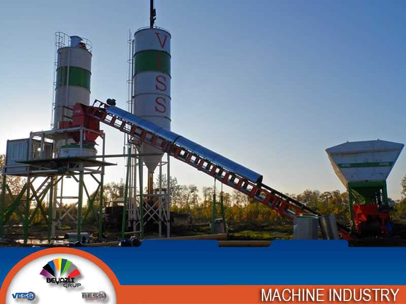 کارخانه کامل بتن با هاپر مواد اولیه، نوار نقاله، میکسر و سیلوی سیمان