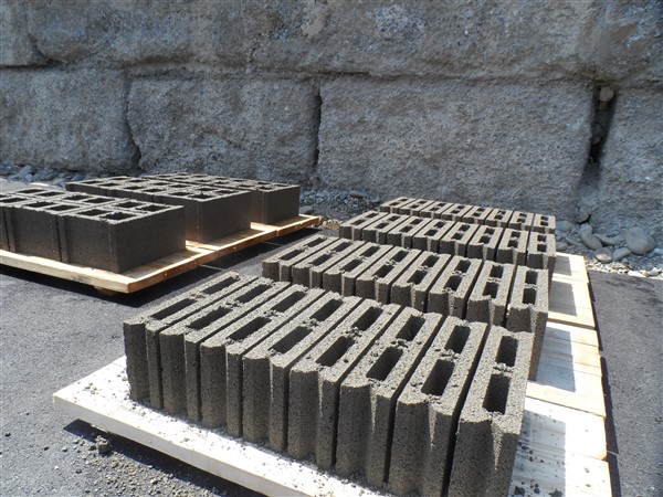 Pallets of hollow concrete blocks